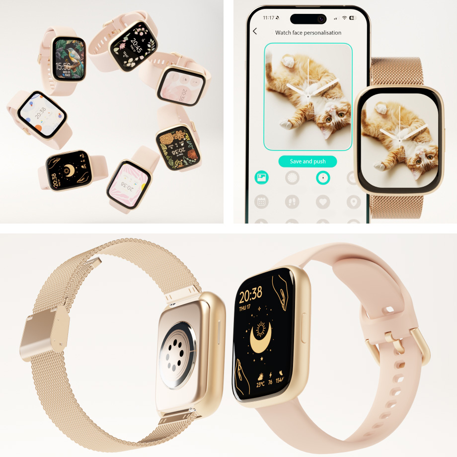 Women's smartwatch - shown database of dials to choose from, application with the possibility of designing your own screens and two straps in the set - mesh and silicone.