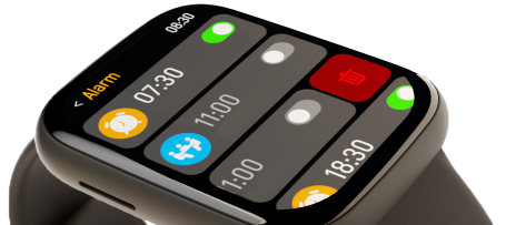 Smartwatch screen with alarm label.