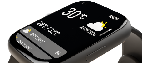 Smartwatch screen with weather app.