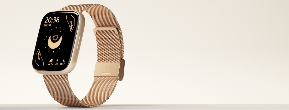 Women's smartwatch with a feminine square shape.