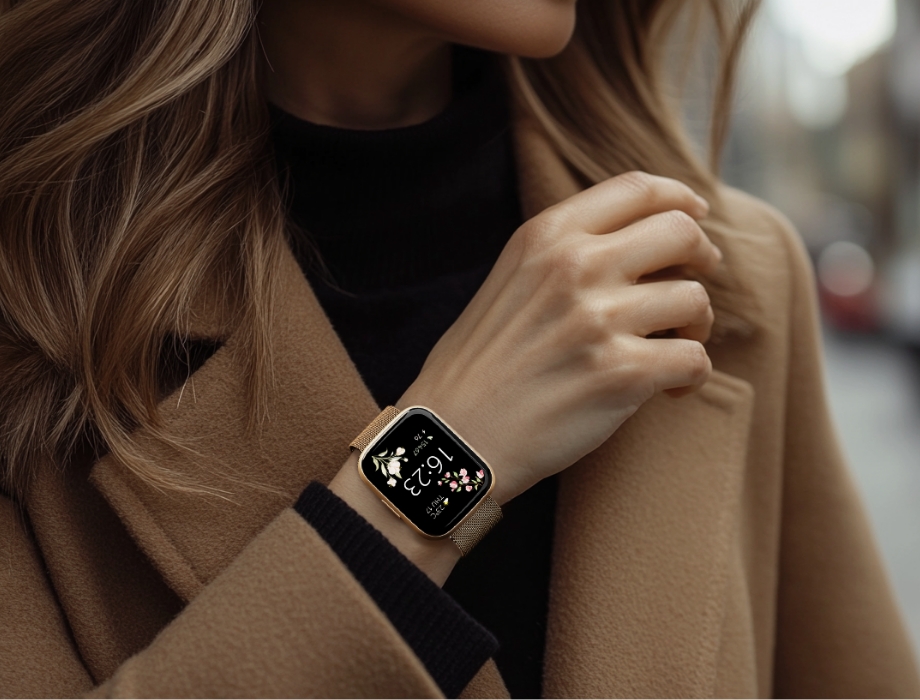The sleek Forevigo 4 smartwatch is shown on a woman's wrist.