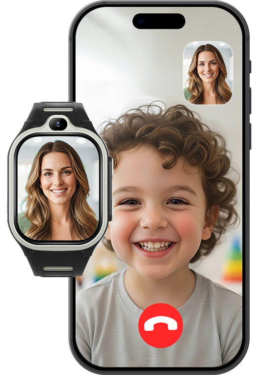 Montre connectée et smartphone lors d'un appel vidéo entre la mère et l'enfant.